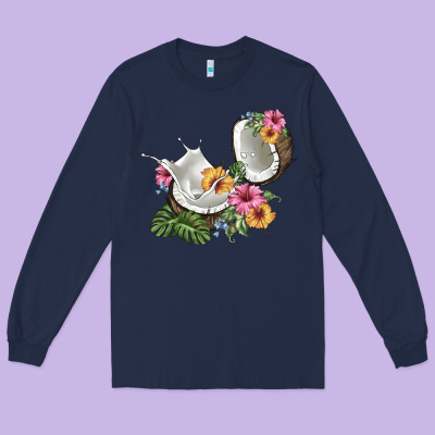 Coconut With Tropical Leavers And Flowers Long Sleeve Tee Designed By Barkaloodesign