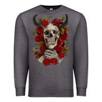 Charcoal Heather Bull Human Skull With Roses Premium Sweatshirt - RanaPortraitStore