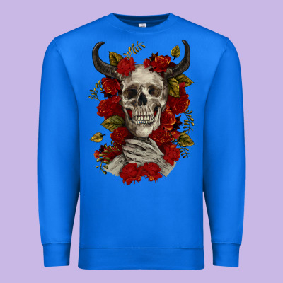 Premium Sweatshirt Bull Human Skull With Roses