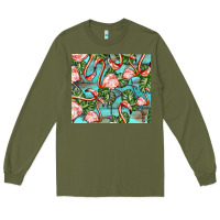 Army Green flamingos with leaves Long Sleeve Tee - BarkalooDesign