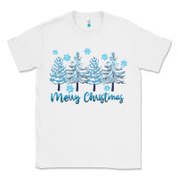 White merry christmas blue trees Classic Tee - FaDigitalArtStudio