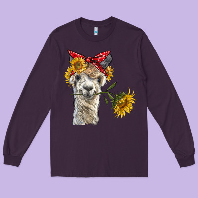 Alpaca With Sunflowers And Bandana Long Sleeve Tee Designed By Barkaloodesign