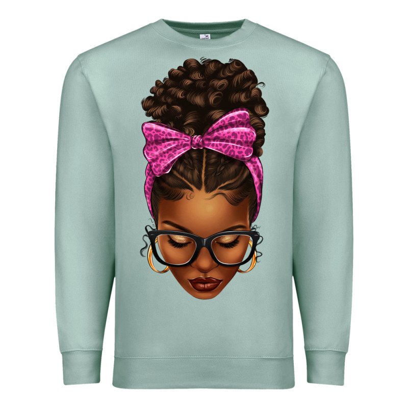 Afro Messy Bun Pink Leopard Bow Premium Sweatshirt by texasbilliewilder | Teevron
