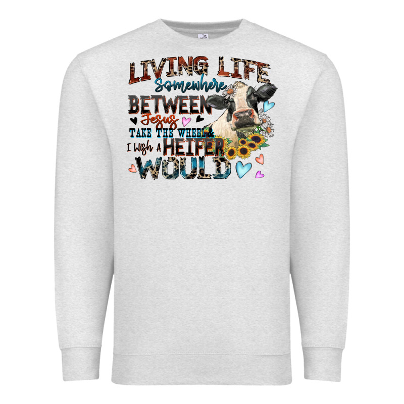 Living Life Somewhere Between Jesus Take The Wheel Premium Sweatshirt by Zillion Design Studio | Teevron