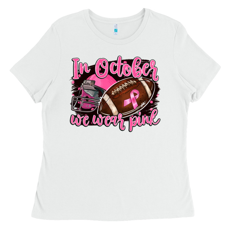In October We Wear Pink With Football Ladies Tee by BarkalooDesign | Teevron