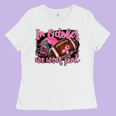 In October We Wear Pink With Football Ladies Tee Designed By Barkaloodesign