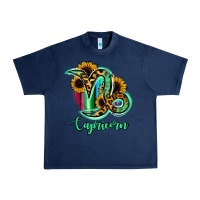 Navy Capricorn Zodiac Sign Sunflower Leopard Serape Urban Heavy Tee - RanaPortraitStore
