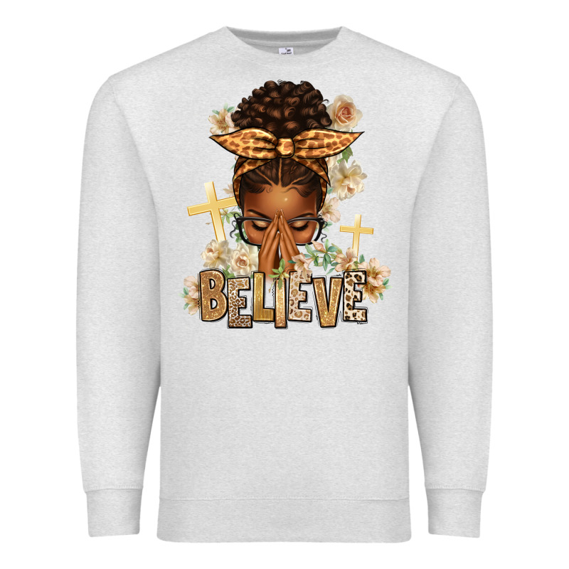 Believe Praying Afro Messy Bun Premium Sweatshirt by texasbilliewilder | Teevron