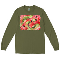 Army Green watermelon strawberry kiwi background Long Sleeve Tee - BarkalooDesign