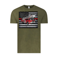 Vintage Olive thin red line American flag fire truck Vintage Tee - Artiststas
