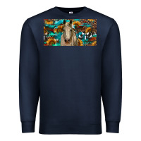 Navy Horse With Sunflowers Aztec And Cowhide Premium Sweatshirt - RanaPortraitStore