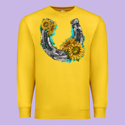 Premium Sweatshirt horseshoe cowhide and sunflowers