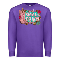Purple just a small town girl cowgirl boots Premium Sweatshirt - texasbilliewilder