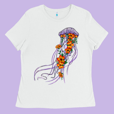 Light Purple Jellyfish And Floral Ladies Tee Designed By Barkaloodesign