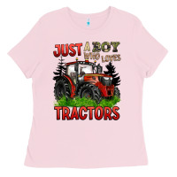 Bubblegum Pink just a boy who loves tractors red tractor Ladies Tee - BarkalooDesign