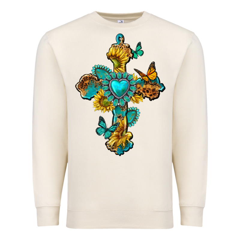 Western Cross With Gemstone And Sunflowers Premium Sweatshirt by texasbilliewilder | Teevron