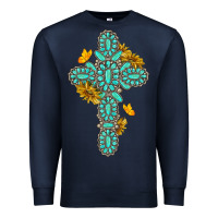 Navy gemstone cross with sunflowers and butterflies Premium Sweatshirt - texasbilliewilder