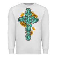 Oatmeal Heather gemstone cross with sunflowers and butterflies Premium Sweatshirt - texasbilliewilder