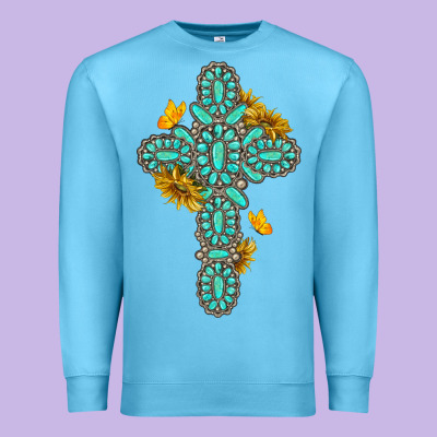 Premium Sweatshirt gemstone cross with sunflowers and butterflies