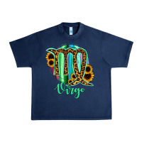 Navy Virgo Zodiac Sign Sunflower Leopard Serape Urban Heavy Tee - RanaPortraitStore