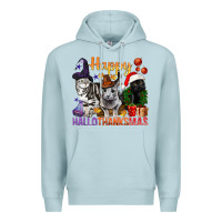 Blue Mist Happy Hallothanksmas Cats Premium Hoodie - BundleAndBundleShop