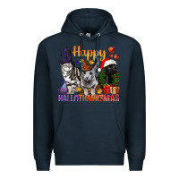 Navy Happy Hallothanksmas Cats Premium Hoodie - BundleAndBundleShop