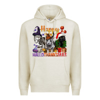 Oatmeal Heather Happy Hallothanksmas Cats Premium Hoodie - BundleAndBundleShop