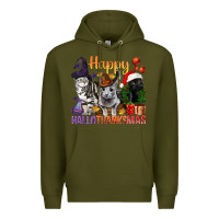 Army Green Happy Hallothanksmas Cats Premium Hoodie - BundleAndBundleShop