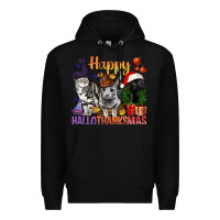 Black Happy Hallothanksmas Cats Premium Hoodie - BundleAndBundleShop