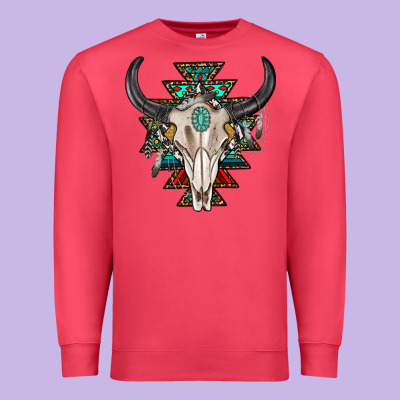 Premium Sweatshirt western aztec bull skull with gemstone