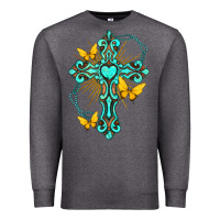 Charcoal Heather cross with heart shaped gemstone and butterfly Premium Sweatshirt - texasbilliewilder