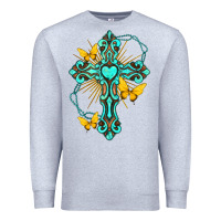 Heather Grey cross with heart shaped gemstone and butterfly Premium Sweatshirt - texasbilliewilder