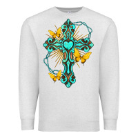 Oatmeal Heather cross with heart shaped gemstone and butterfly Premium Sweatshirt - texasbilliewilder