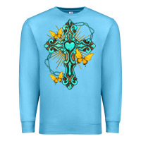 Ocean Blue cross with heart shaped gemstone and butterfly Premium Sweatshirt - texasbilliewilder