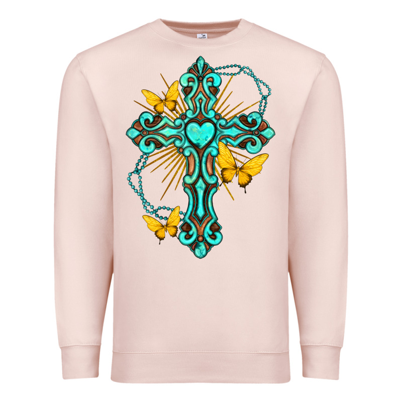 Cross With Heart Shaped Gemstone And Butterfly Premium Sweatshirt by texasbilliewilder | Teevron