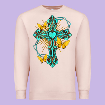 Premium Sweatshirt cross with heart shaped gemstone and butterfly