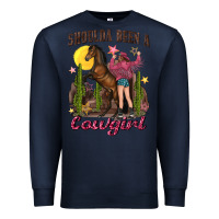 Navy shoulda been a cowgirl bucking horse Premium Sweatshirt - texasbilliewilder