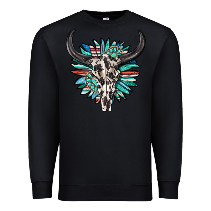 Western Bull Skull With Sunflower And Gemstone Premium Sweatshirt by texasbilliewilder | Teevron