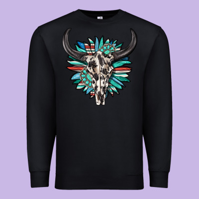 Premium Sweatshirt western bull skull with sunflower and gemstone
