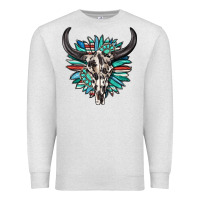 Oatmeal Heather western bull skull with sunflower and gemstone Premium Sweatshirt - texasbilliewilder