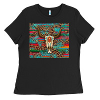 Western Serape Leopard Bull Skull Turquoise Ladies Tee | Teevron