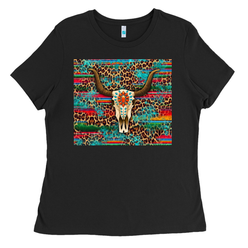 Western Serape Leopard Bull Skull Turquoise Ladies Tee by Artiststas | Teevron