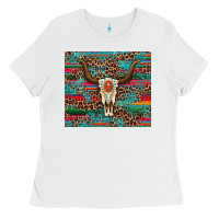 White western serape leopard bull skull turquoise Ladies Tee - Artiststas