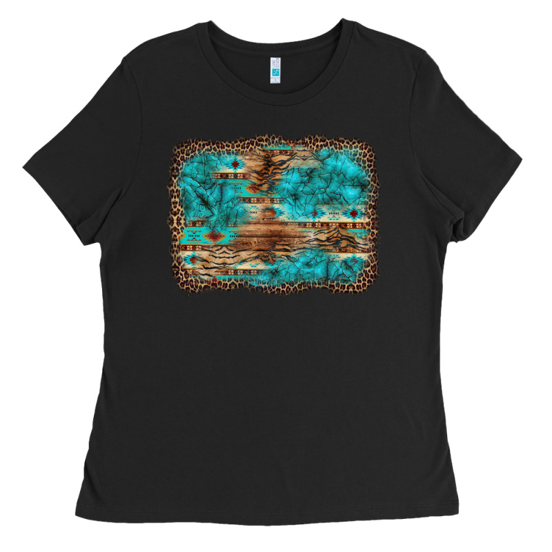 Western Turquoise Stone Aztec Tiger Pattern Background Ladies Tee by Artiststas | Teevron