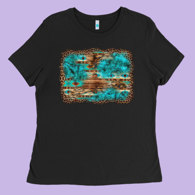 Western Turquoise Stone Aztec Tiger Pattern Background Ladies Tee Designed By Artiststas