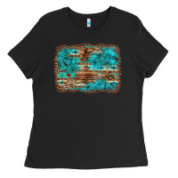 Black western turquoise stone aztec tiger pattern background Ladies Tee - Artiststas