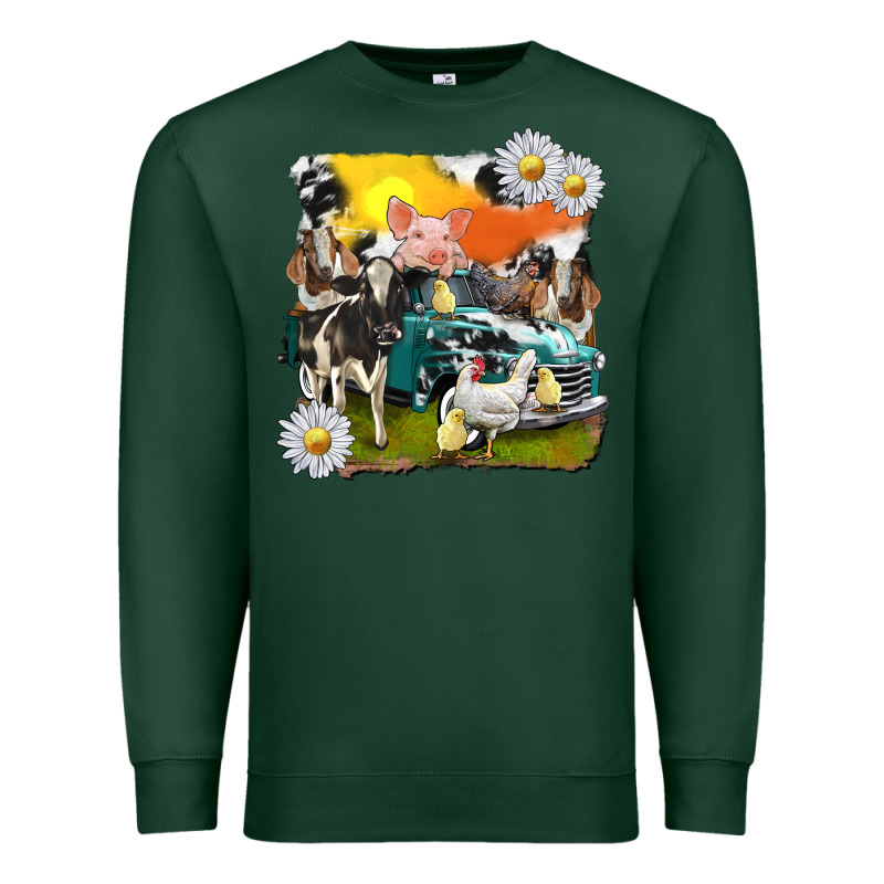 Cowhide Farm Truck With Farm Animals Premium Sweatshirt by texasbilliewilder | Teevron