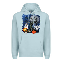 Blue Mist halloween tree and ghosts Premium Hoodie - AdoDesignShop
