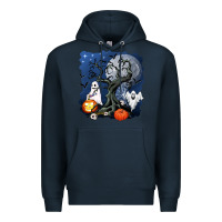 Navy halloween tree and ghosts Premium Hoodie - AdoDesignShop