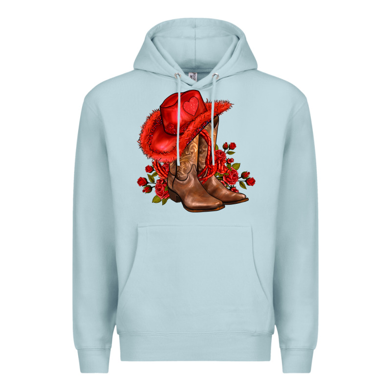 Valentines Day Cowboy Boots Red  And Roses Premium Hoodie by AdoDesignShop | Teevron